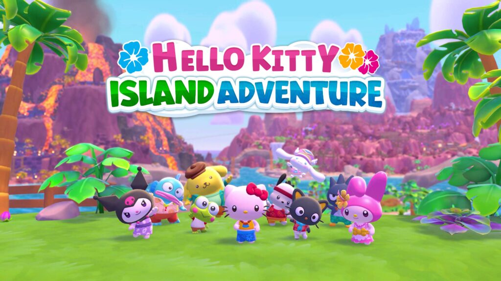 An image from the game Hello Kitty Island Adventure. On it you see a few Sanrio characters posing for the picture. On the background you see Cloud Island on a sunny day. The volcano, grass and water show off different terrains on the island.